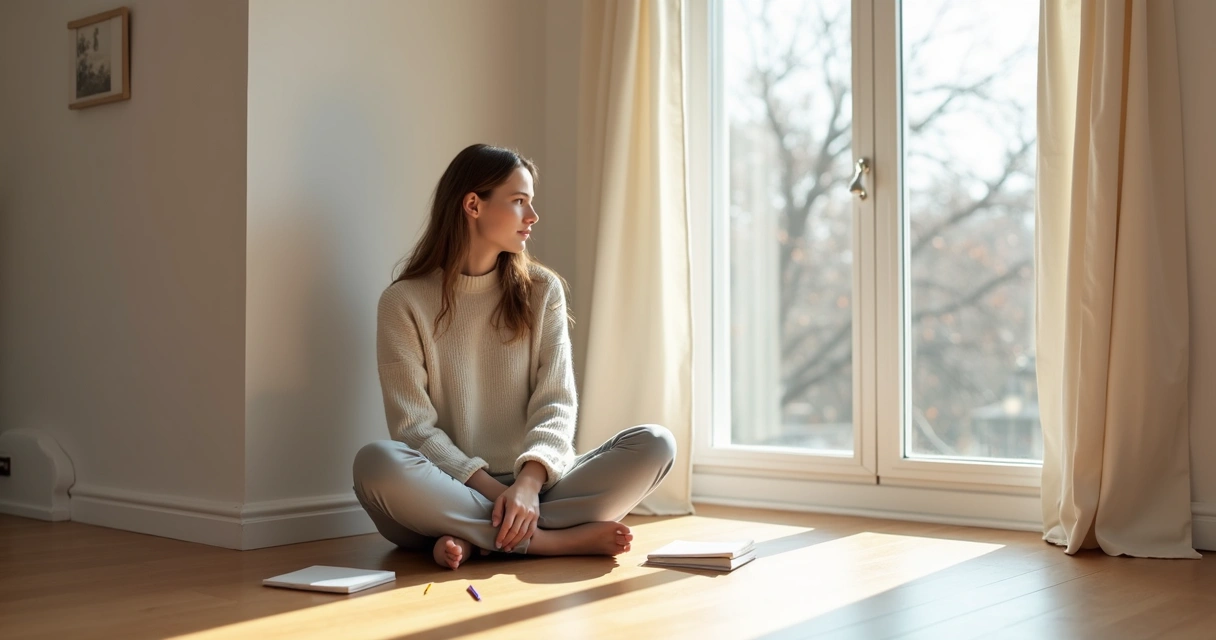 Pessoa em posição de reflexão sentada em uma sala tranquila