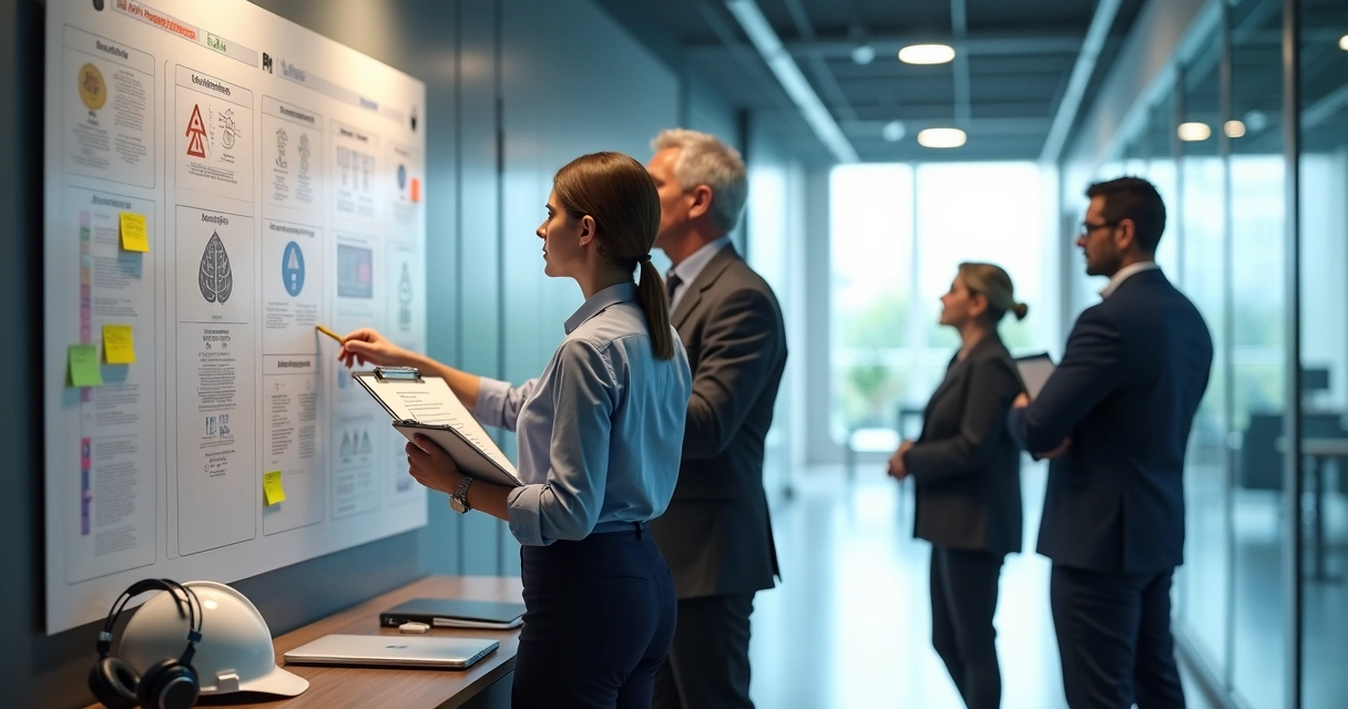 Gestores analisam mural com ícones de saúde mental e segurança do trabalho 