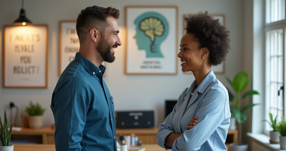 Técnico de segurança sorrindo após conversar com funcionário 