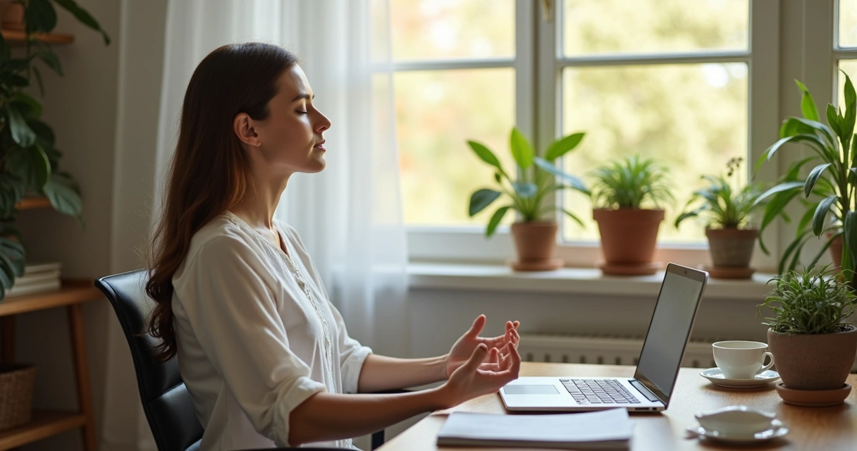Profissional diante do computador, praticando relaxamento em ambiente doméstico 