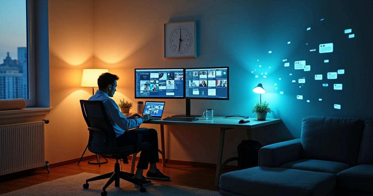 Profissional remoto em home office colorido com contraste entre equilíbrio e sobrecarga 