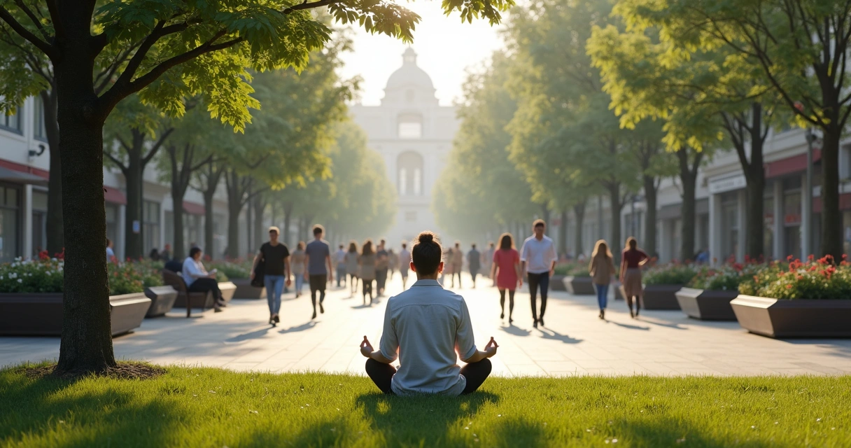 Pessoa meditando em meio a uma praça, inspirando calma em quem passa ao redor 