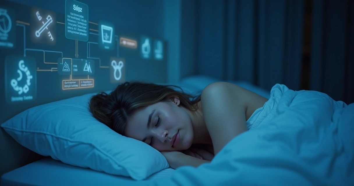 Pessoa dormindo tranquilamente enquanto gráficos e símbolos de metabolismo aparecem ao fundo. 