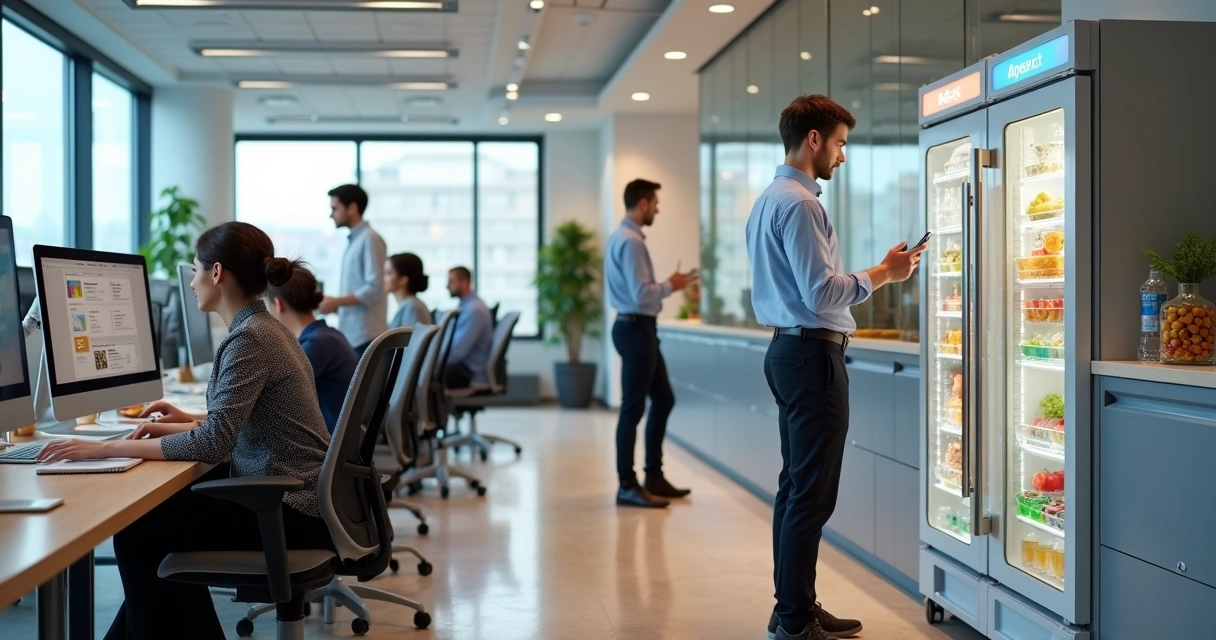 Equipe de escritório em ambiente moderno com estações ergonômicas e área de pausa saudável 