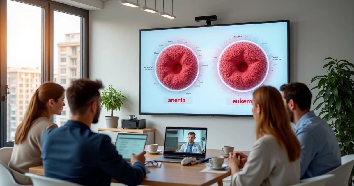 Colaboradores observam infográficos sobre sangue e saúde no ambiente de trabalho 
