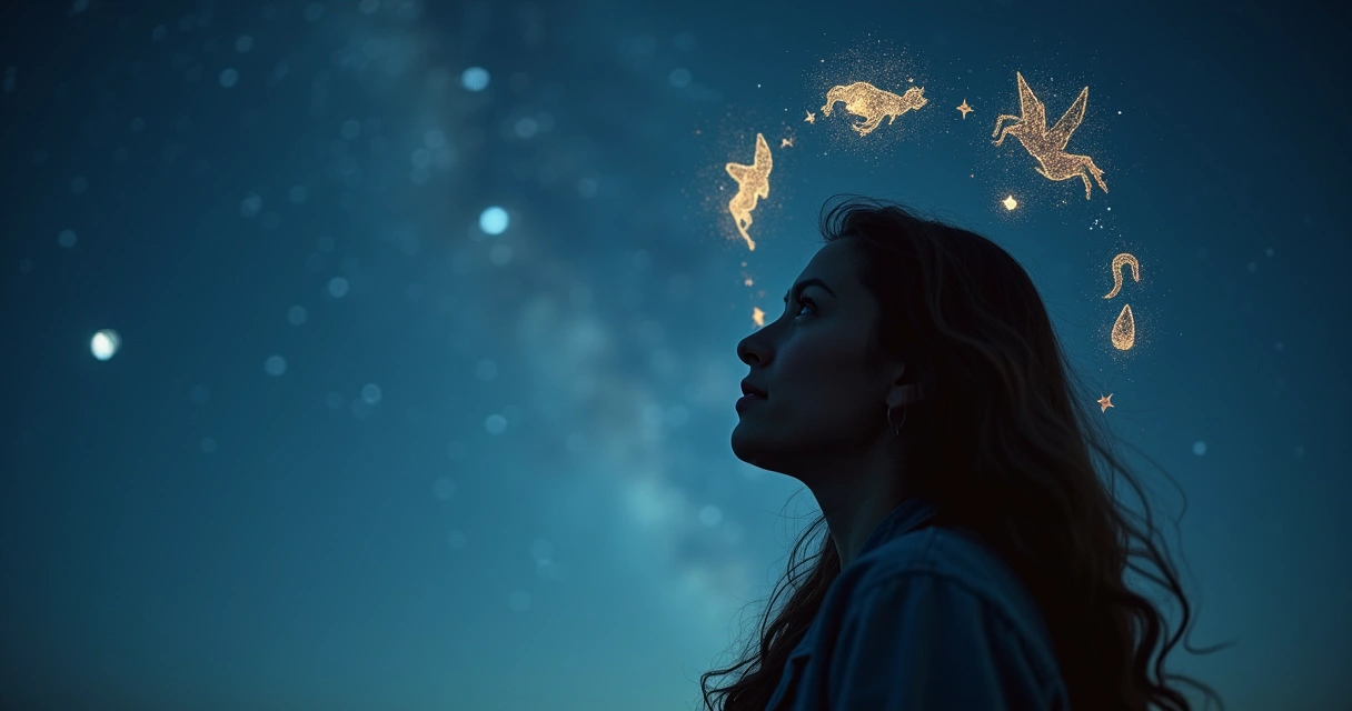 Jovem contemplando o céu noturno com símbolos dos signos 