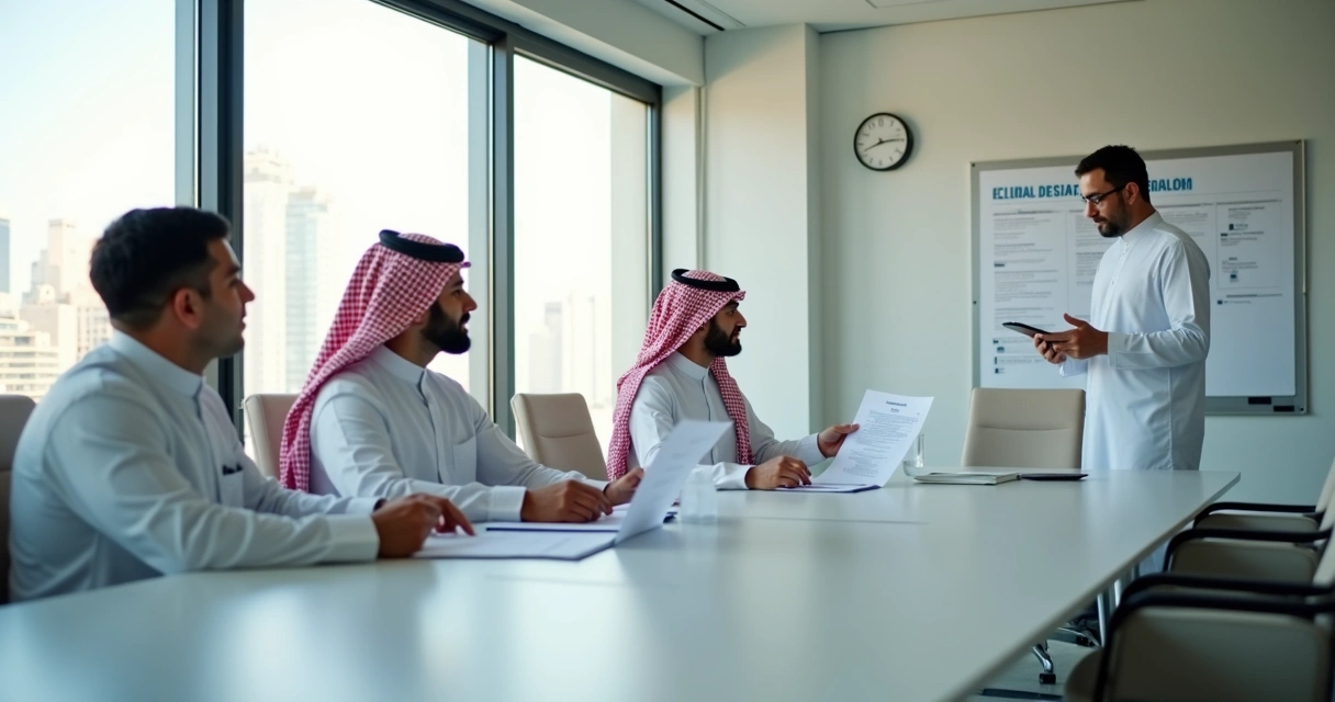 People at a desk reviewing Saudi labor law documents