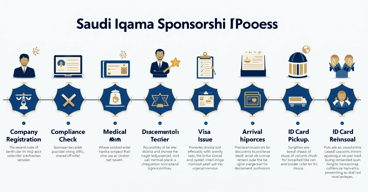 Timeline graphic illustrating the iqama sponsorship process in Saudi Arabia 