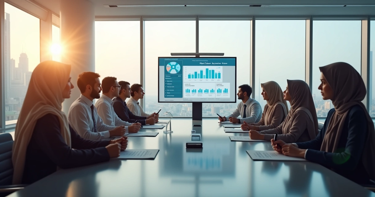 Saudi business professionals in a modern office discussing paperwork 