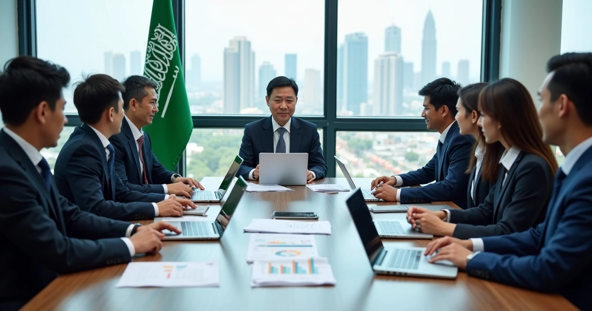 Chinese executives in a boardroom with Saudi policy documents and laptops