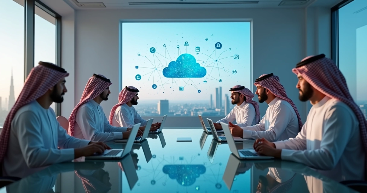 Saudi business professionals having a meeting in a modern office with digital screens in the background 