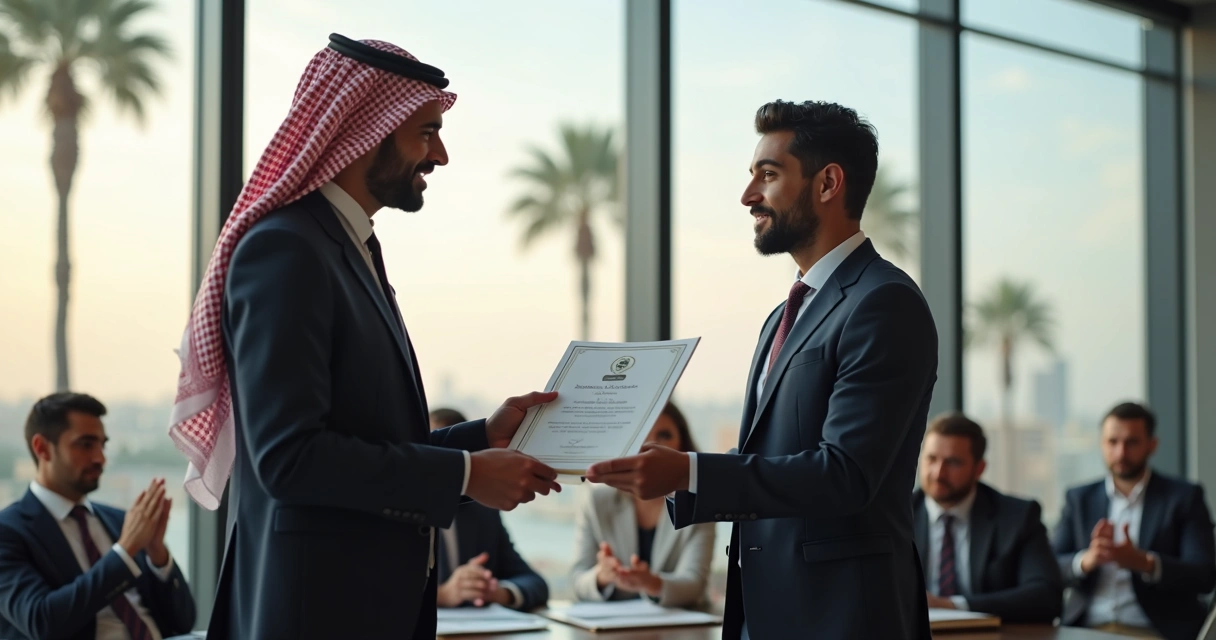 Employee receiving gratuity certificate in Saudi office