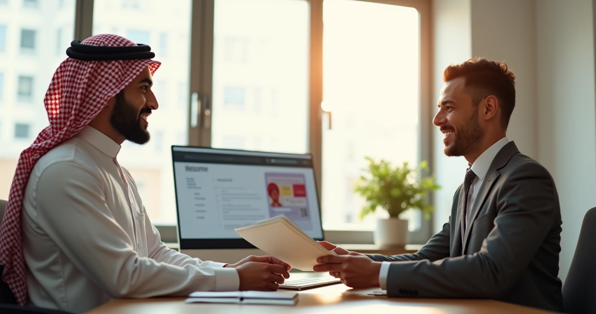 HR professional onboarding new international employee in Saudi office 