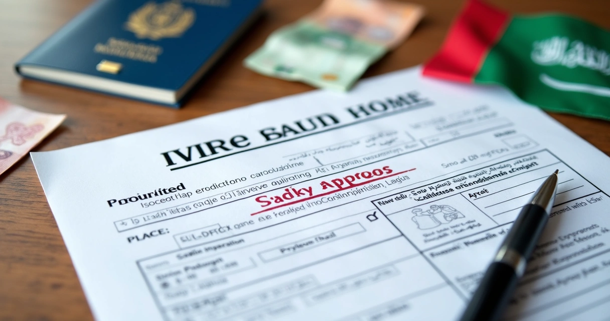 Documents and passport for Saudi work visa process on desk 