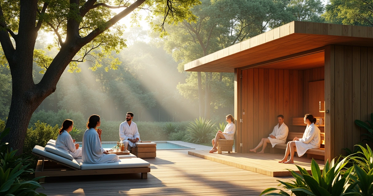 Sauna externa rodeada de jardins e pessoas relaxando 