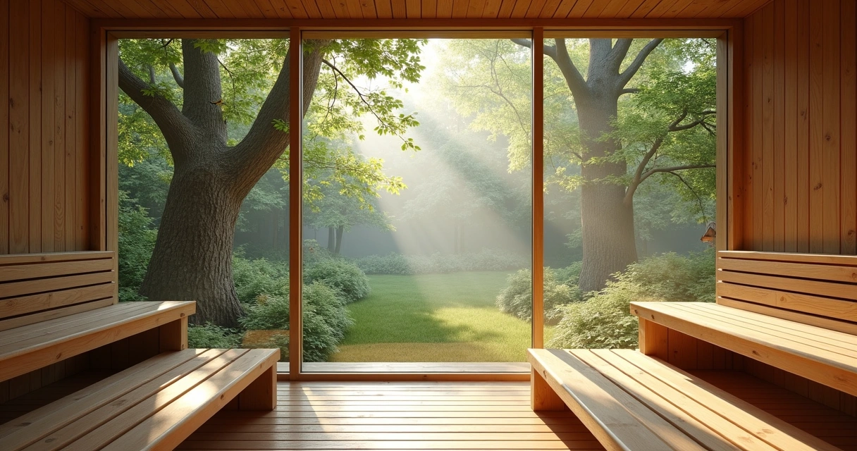 Sauna com vista panorâmica para jardim e árvores 