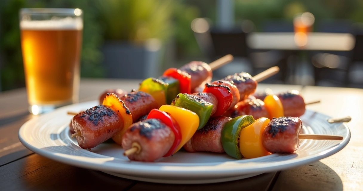 Grilled sausage and pepper skewers on a white platter outdoors 