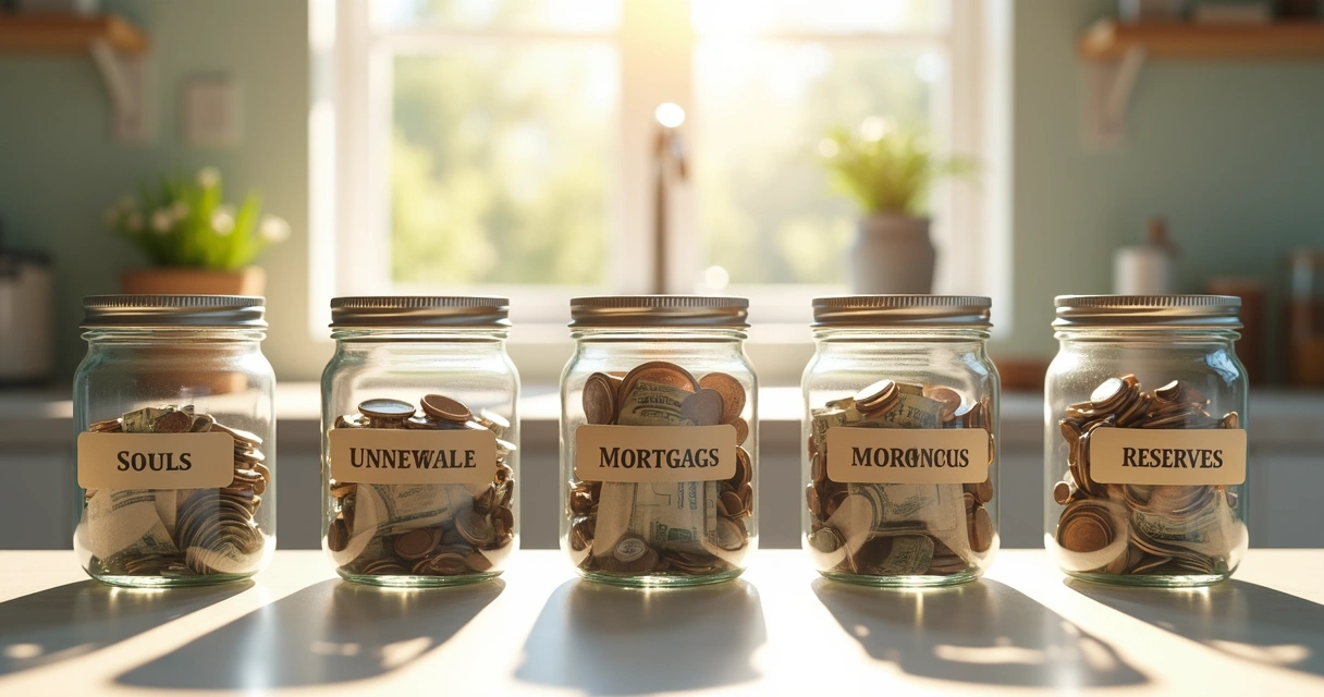 Jars labeled with savings goals on kitchen counter 
