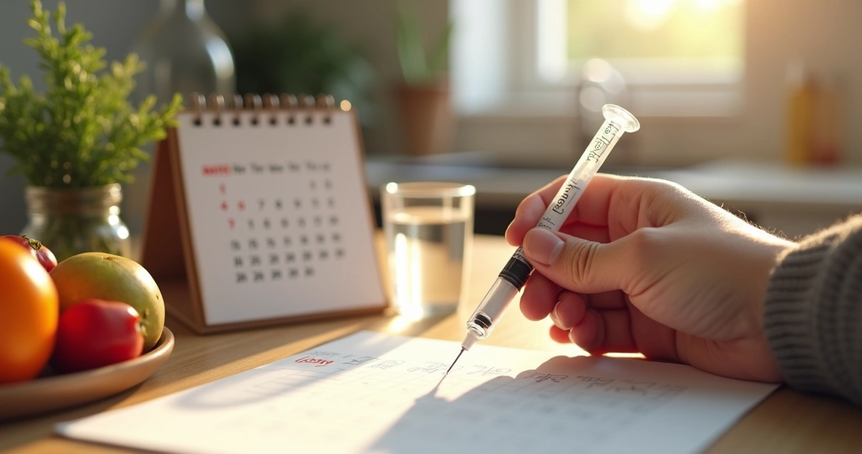 Daily Saxenda injection routine with medication, needles, calendar, and a glass of water.