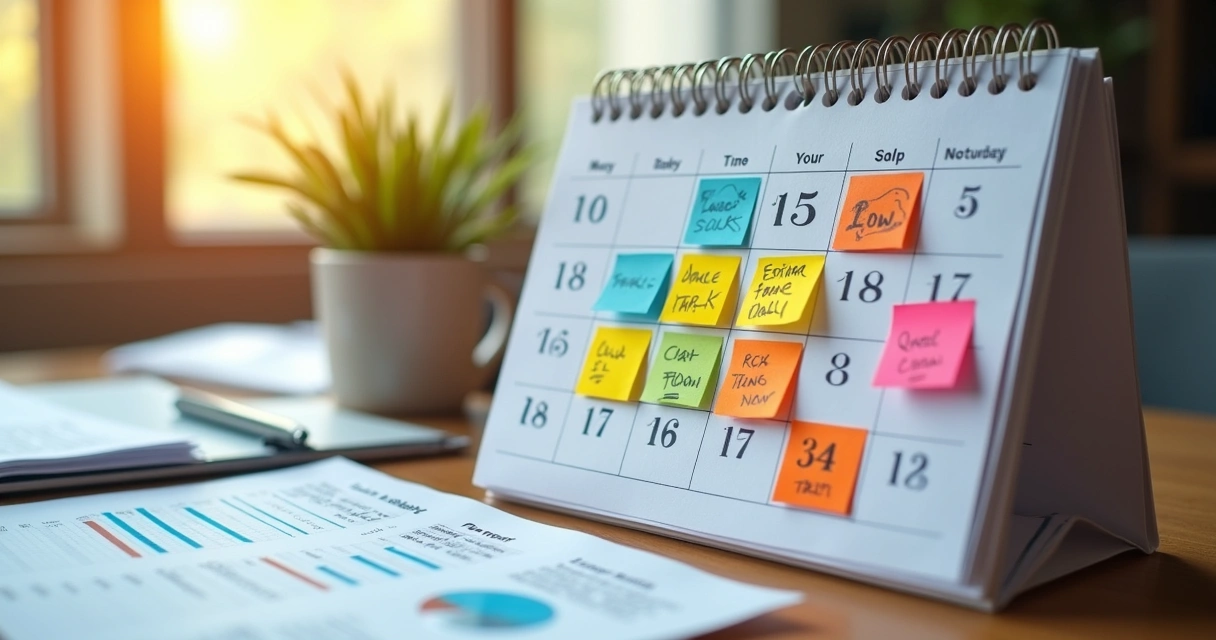 Calendário colorido marcando sazonalidades no fluxo monetário 