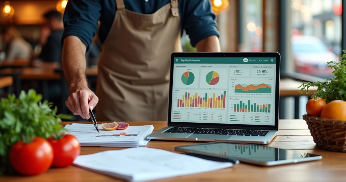 Dono de restaurante analisando gráficos de sazonalidade e custos de alimentos 