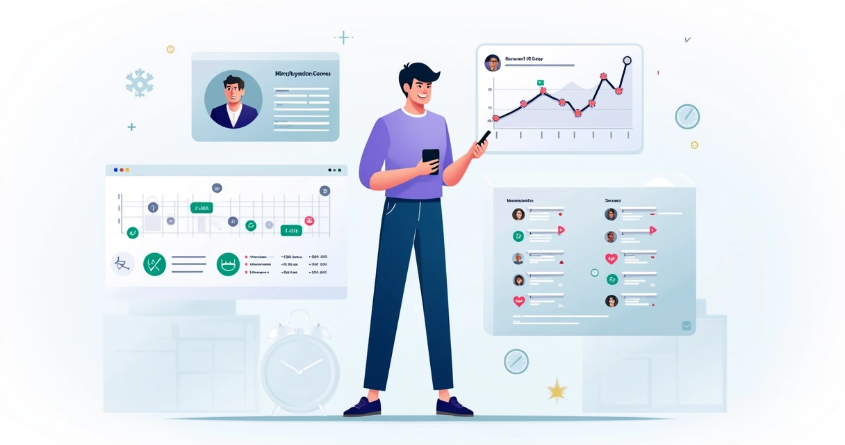 Ilustração de influenciador com gráficos de reputação variando por sazonalidade 