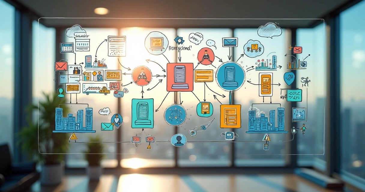 Diagram of scalable web infrastructure on glass board 