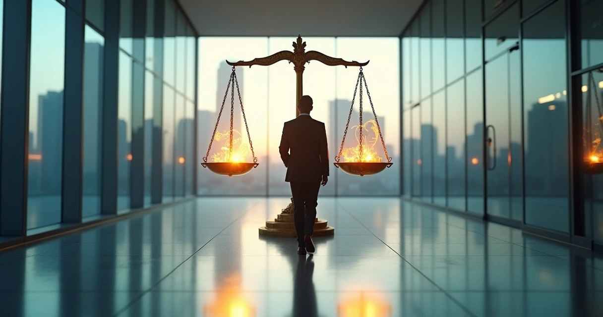 Business leader walking toward giant scales of ethics in a corporate hallway 