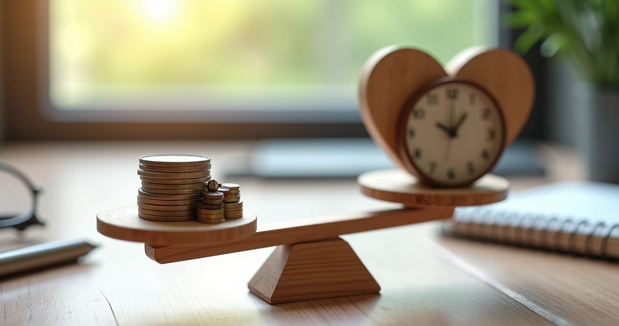 Balanced scale with money, clock, and heart symbols on a desk 