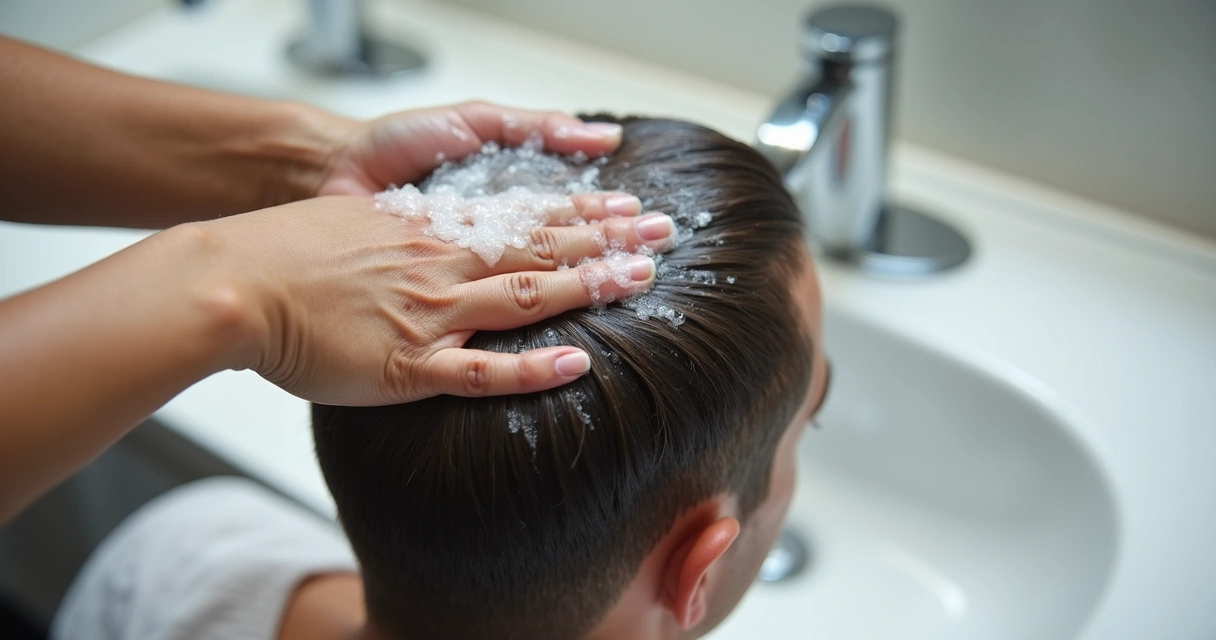 Close-up of a scalp being washed with gentle massage