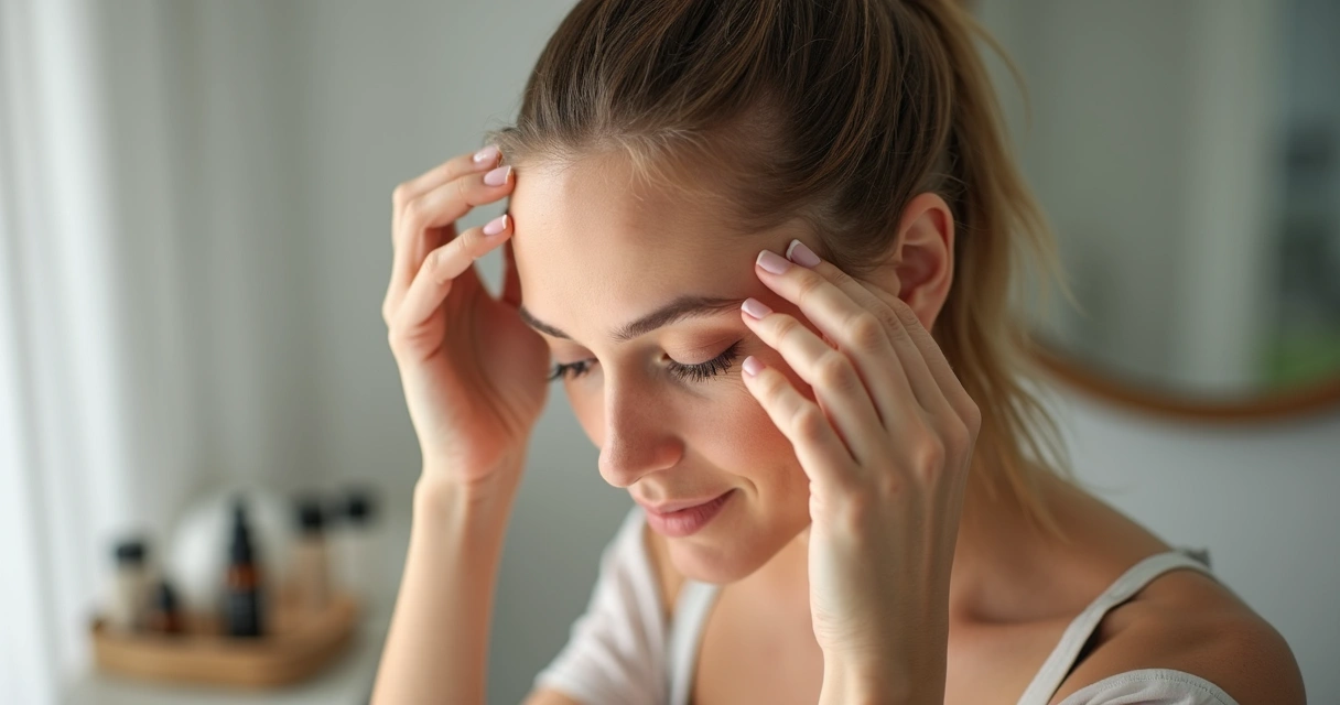 Hands applying scalp serum along a clean hair part