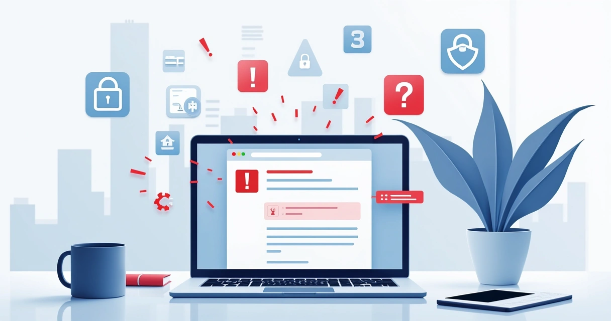 Animated illustration of a suspicious email with warning signs and exclamation points, set in a clean office environment 