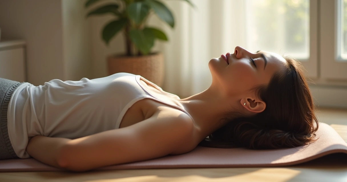 Persona recostada en tapete, ojos cerrados, practicando escaneo corporal con luz tenue 