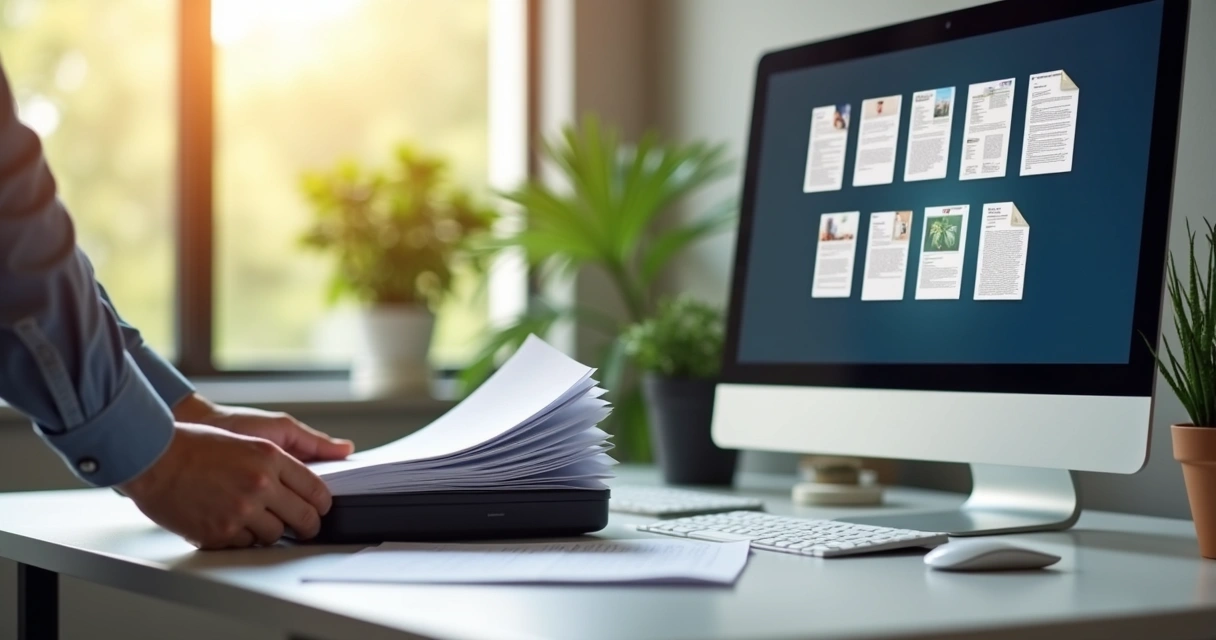 Pessoa digitalizando documentos em um scanner de mesa 