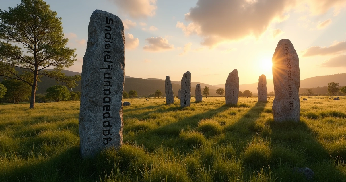 Scandinavian landscape with upright runestones 