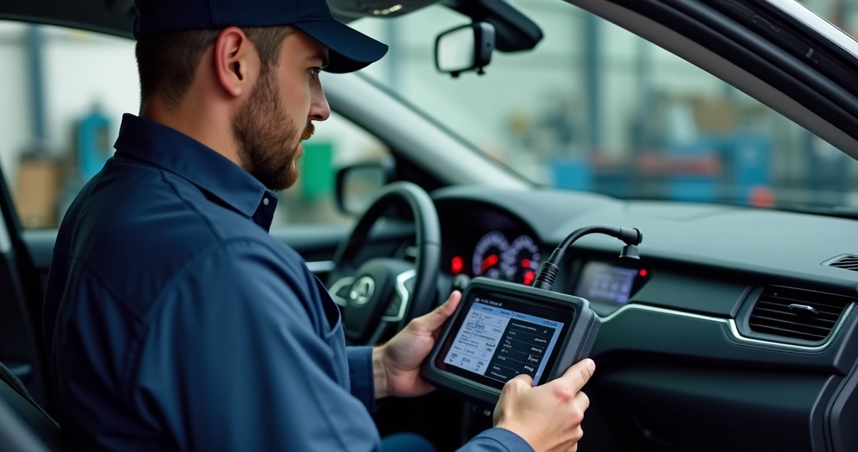 Scanner conectado ao painel do carro, mecânico analisando dados eletrônicos