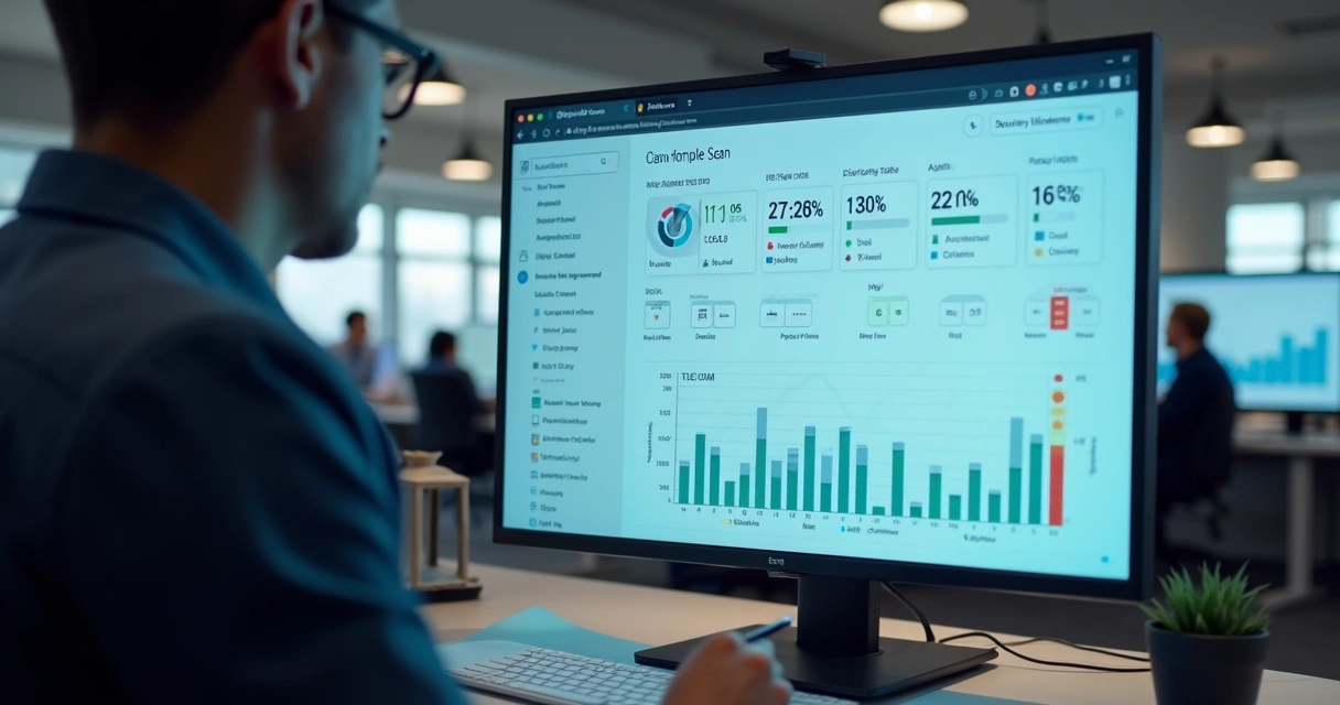 Painel digital simulando scanner de segurança rodando em site 