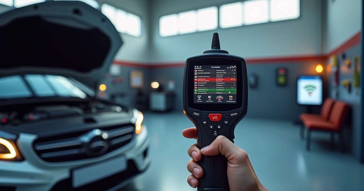 Scanner automotivo mostrando códigos de erro com diagnóstico em tela digital 