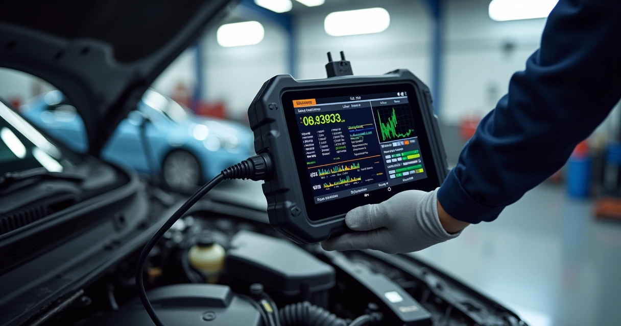 Scanner automotivo conectado a veículo em oficina com tela mostrando códigos de erro e sistemas eletrônicos 