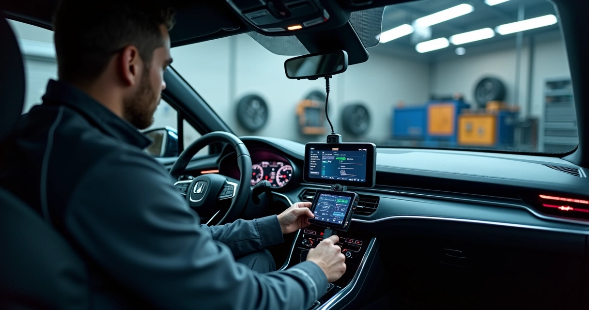 Mecânico usando scanner automotivo profissional conectado ao painel do carro 
