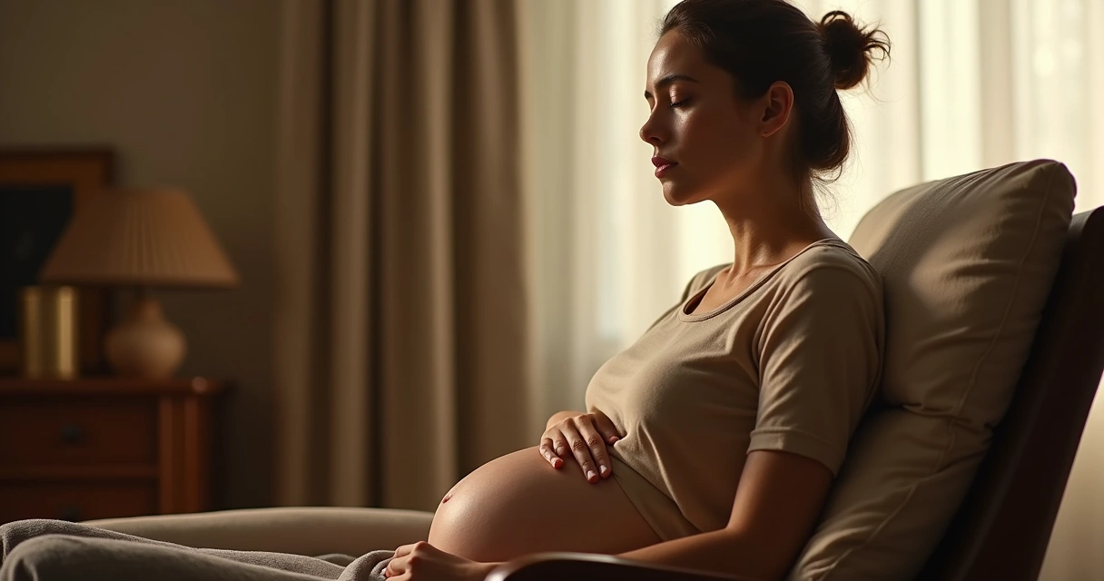 Pessoa sentada sentindo o corpo, olhos fechados, braço sobre abdômen, ambiente acolhedor, luz suave 