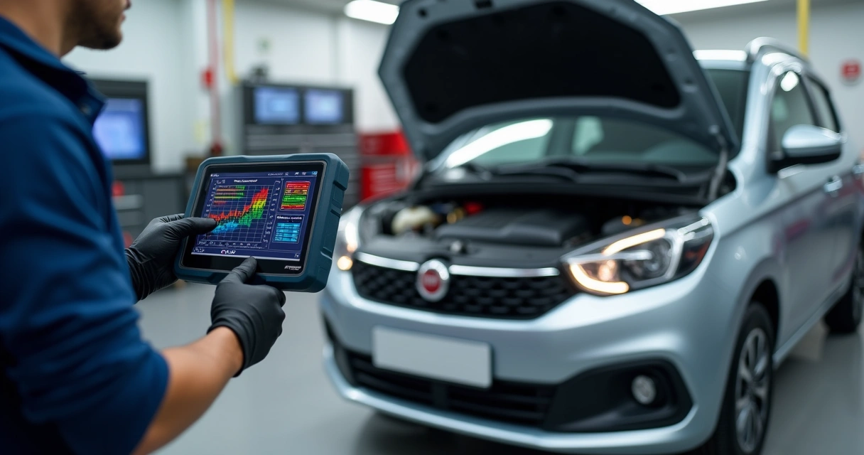 Scanner automotivo conectado ao Fiat Argo mostrando análise de falhas eletrônicas