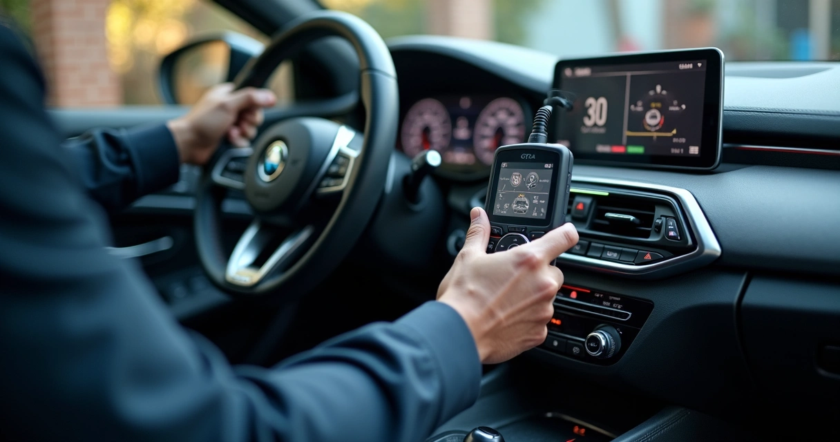 Scanner automotivo conectado ao painel do carro de luxo moderno