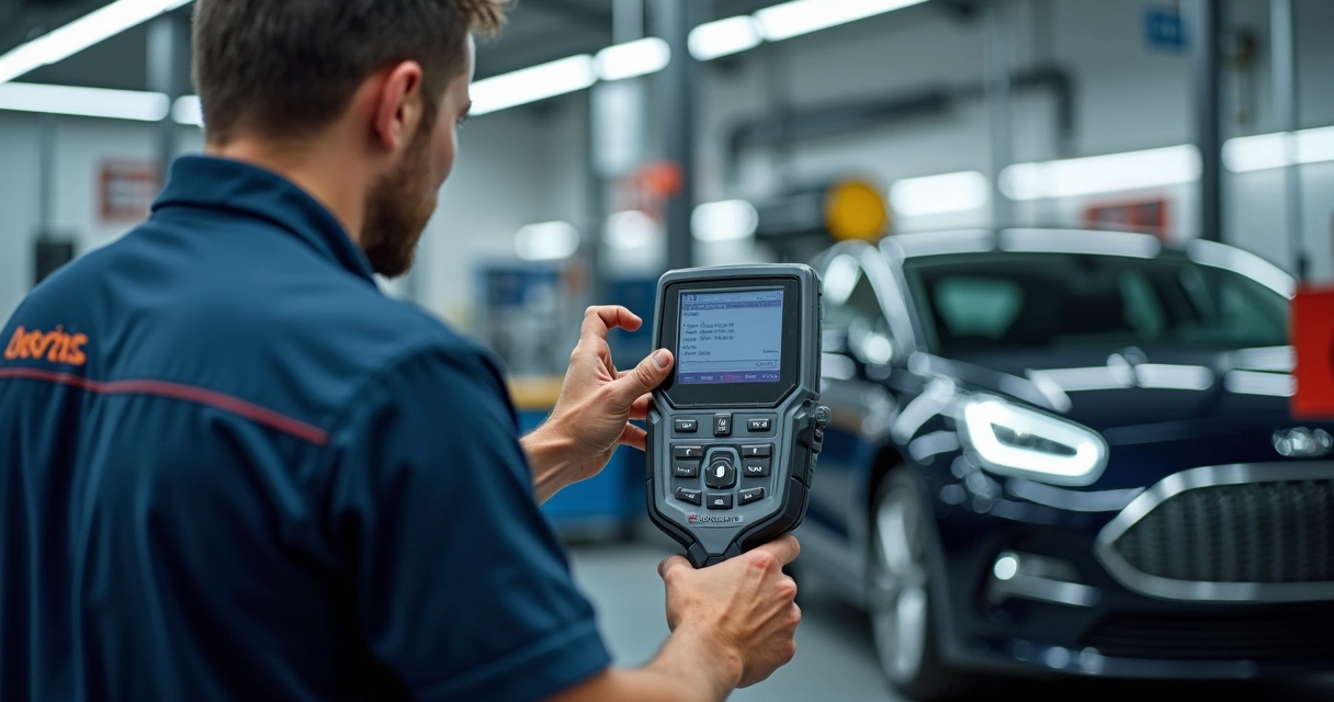 Mecânico usando scanner automotivo no carro de cliente
