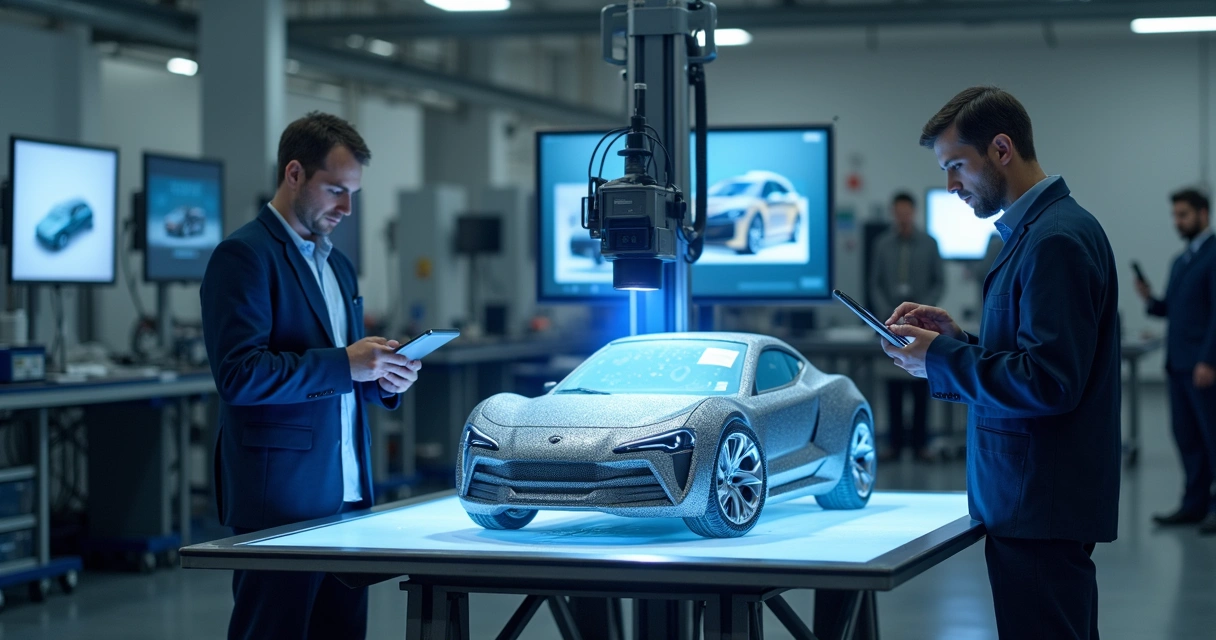 Scanner industrial digitalizando peça automotiva