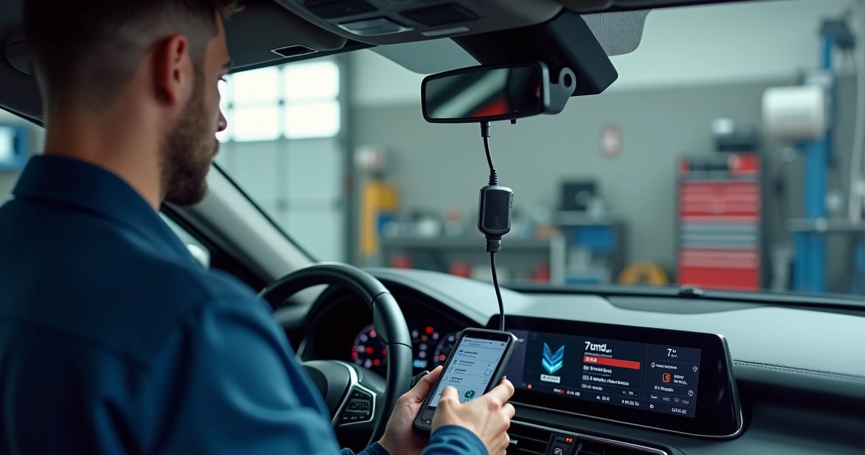 Mecânico utilizando scanner automotivo conectado ao painel do carro
