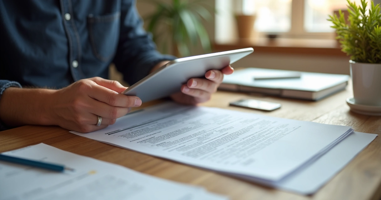 Hands scanning paper document with a tablet at home 