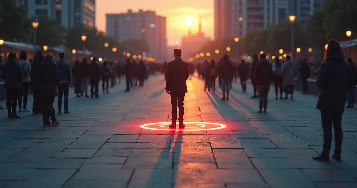 Lonely person marked in red among grey figures on a public plaza 