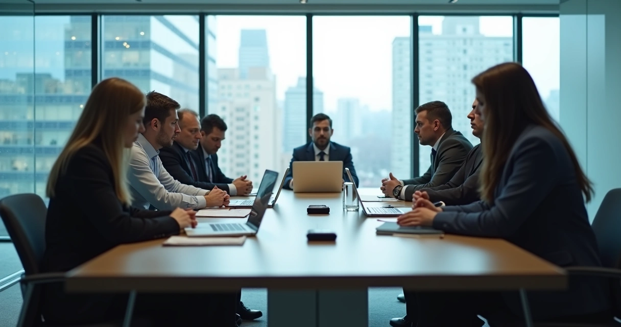 Isolated person facing away from group in tense office meeting 