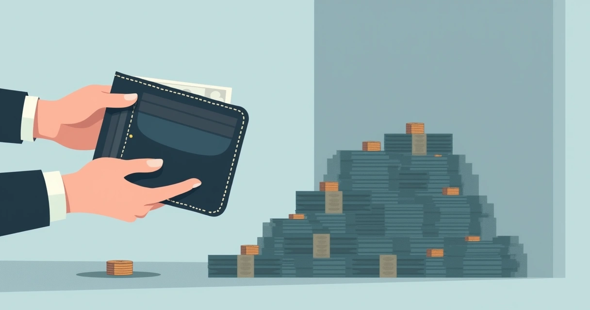 Two hands holding a thin wallet, coins in one hand, with a shadow in the shape of a large pile of money behind, representing hidden wealth. 